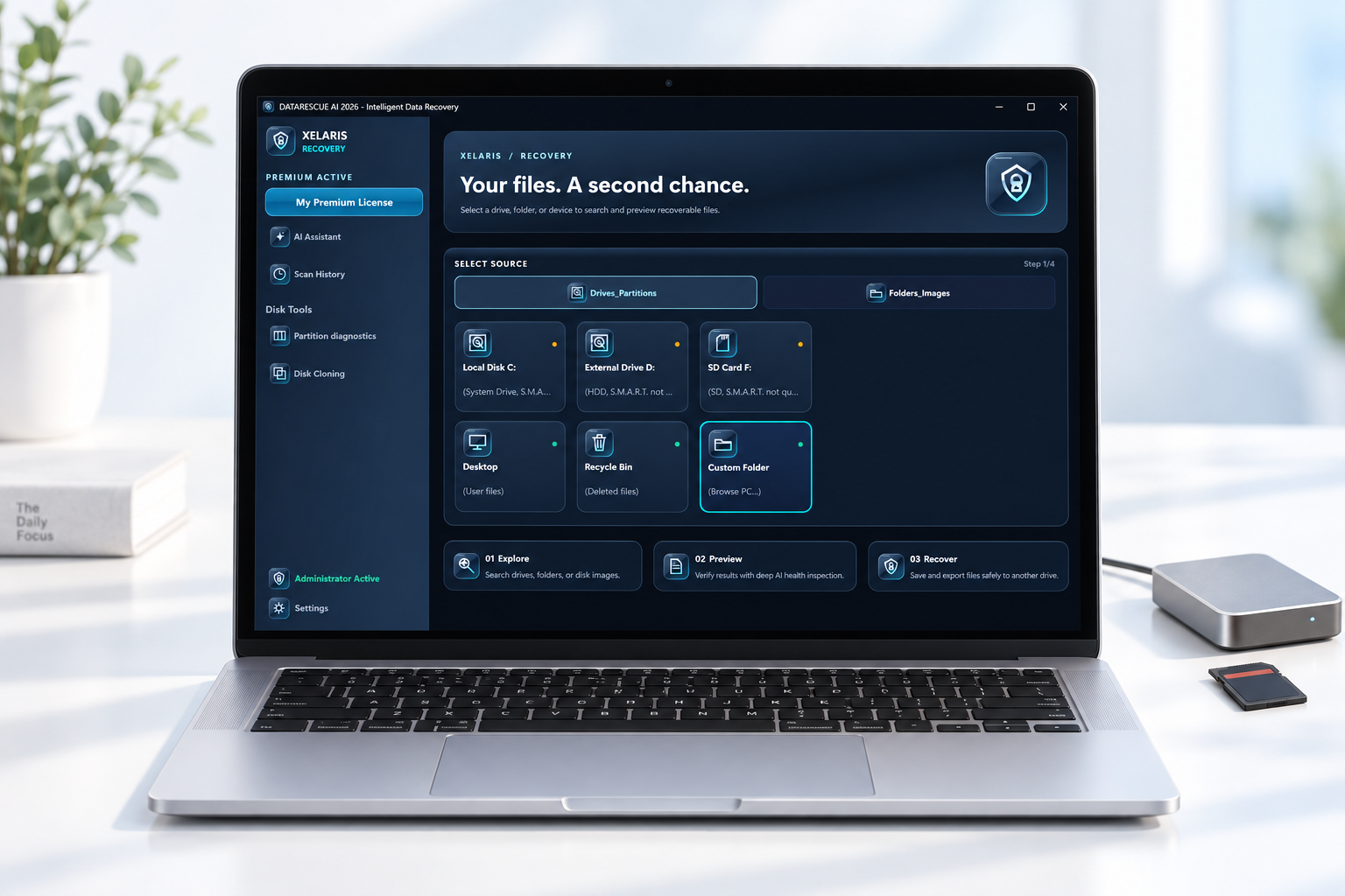 Xelaris Recovery English interface on laptop with external drives